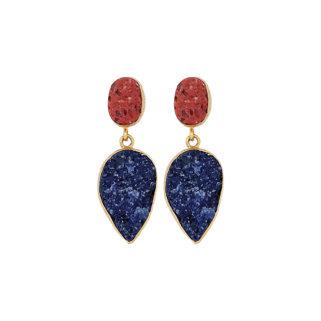 Golden Earrings w/ Red & Blue Druse Stones